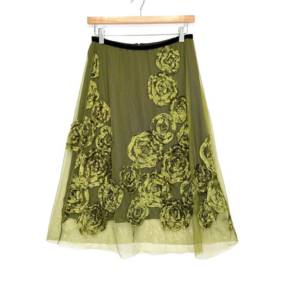 Arden B 3D Velvet Rosette Tulle Mesh Skirt M Olive Green & Brown Midi Y2K Goth - Picture 2 of 9
